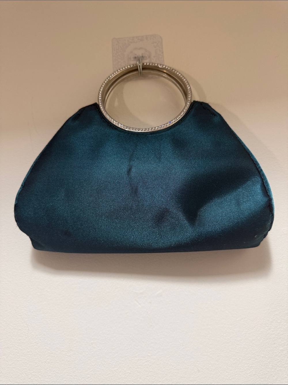 Teal Satin Wristlet Clutch with Rhinestone Hoop Handle